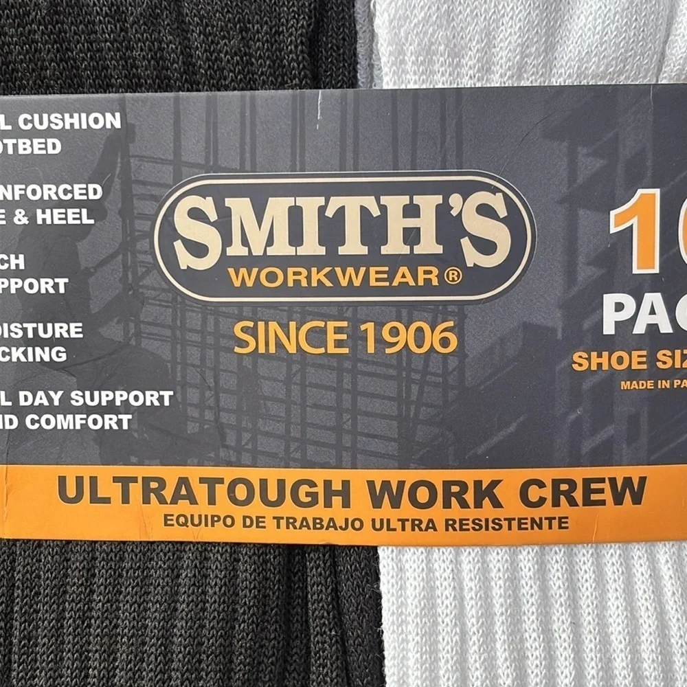 Brand New Smith's Workwear 10-Pack Ultra Tough Work Crew Socks Cushioned Wicking